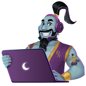 genie with his laptop and headset to offer support