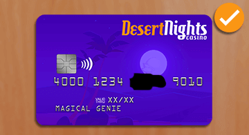 Purple front of card with Desert Nights logo, palm trees, embossed silver card details, the card is on a light brown wooden table, a check mark in the top right corner to indicate this is a correct copy of front of card