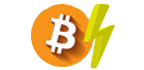 Bitcoin logo with a lightning bolt, combining orange and blue elements, representing digital cryptocurrency transactions