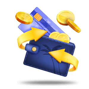 Blue wallet and purple card surrounded by flying coins and yellow arrows to indicate the deposit process