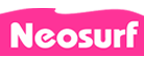 Neosurf logo in white writing with a pink overlay that looks like a wave at the beach