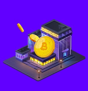 Bank with bitcoins in the backgrond