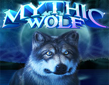 Mythic Wolf Slot Game at Desert Nights online Casino, wolf with grey, blue and white hues, wolf teeth, wolf is walking and howling, growling wolf, full moon in the background, black silhouettes of trees, nighttime