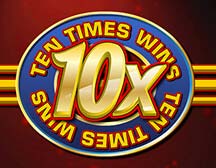 10x Wins Slot Game at Desert Nights online Casino, mirrored text of ten times wins in a circle with three lines behind the circle, the circle contains the game title 10x wins, red background, blue logo with gold text and a red outline