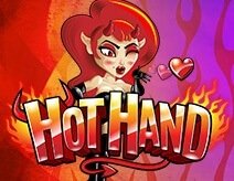 Hot Hand Slot Game at Desert Nights online Casino, Hearts, beautiful lady with thick red hair, pink and red background, flames, devil horns, the lady is blowing a ki