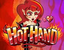 Hot Hand Slot Game at Desert Nights online Casino, Hearts, beautiful lady with thick red hair, pink and red background, flames, devil horns, the lady is blowing a ki