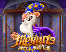 Merlin's Mystical Multipliers Slot Game at Desert Nights online Casino, wooden window frames with big, high windows and purple curtains surrounding them in the background, there is a magician with a big nose, purple cape, purple magicians hat, a wand and lg grey beard in the foreground, game title is in gold tones and placed as an overlay partially over the magician and placed at the bottom of the image