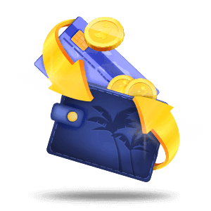 Blue wallet being filled with coins and yellow arrows to indicate money going into the wallet