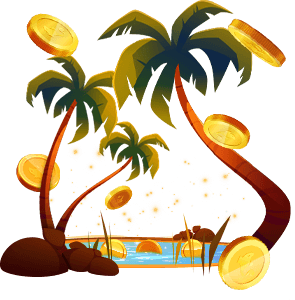 tropical paradise scene with golden coins raining down from the sky
