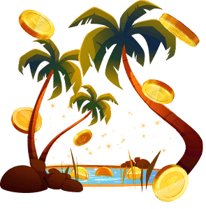 tropical paradise scene with golden coins raining down from the sky