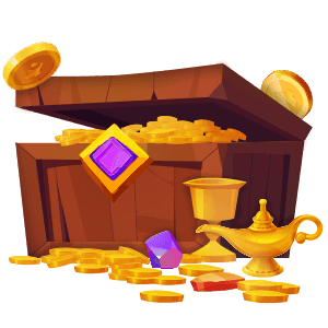 A magical overflowing treasure chest with gold coins, a gem, and a magic lamp, invoking a sense of enchantment and wealth.