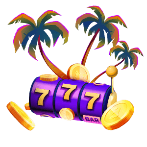 Slot machine with lucky sevens on a tropical island with palm trees and gold coins, blending gambling with an exotic escape.