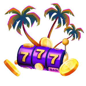 Slot machine with lucky sevens on a tropical island with palm trees and gold coins, blending gambling with an exotic escape.