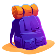 Purple backpack with a rolled-up sleeping bag, ready for adventure