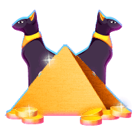 Stylized golden pyramid with sparkling gems and coins