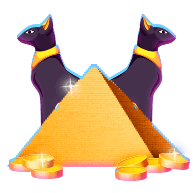 Stylized golden pyramid with sparkling gems and coins