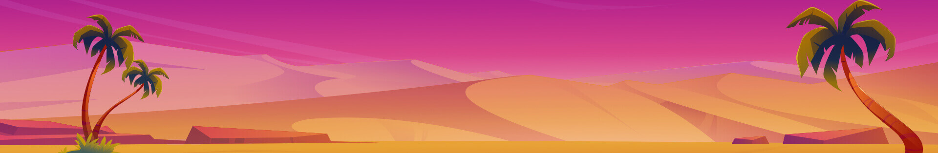  An oasis of palm trees stands amid golden dunes under a gradient pink sky.
