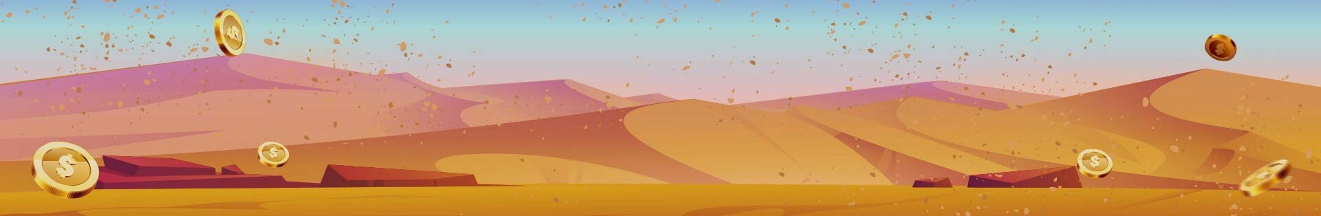 A stylized desert landscape with flying golden coins and warm hues
