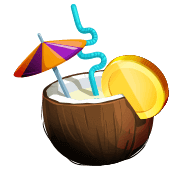 Brown coconut on the outside, white on the inside with a blue twirly straw coming out of it, a gold coin wedge on the right side, a purple and orange cocktail umbrella on the left side slightly in front of the blue twirly straw