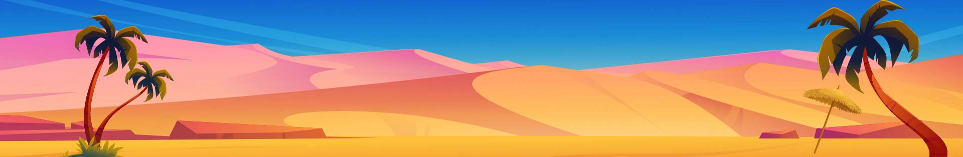 summer in the desert, palm trees, sand dunes, blue skies