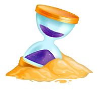 Magical hourglass with purple sand, cracked glass, and glowing edges, partly buried in golden sand.