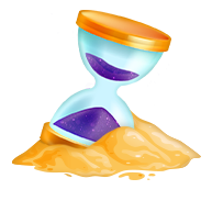 Magical hourglass with purple sand, cracked glass, and glowing edges, partly buried in golden sand.