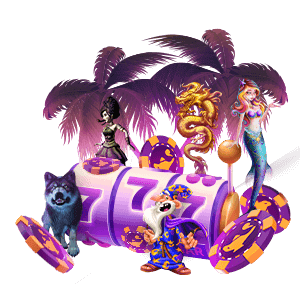 gold dragon, mermaid with long strawberry blond hair, mythic wolf, beautiful wolf, wrath of medusa, merlins mystical multipliers game character, palm trees, slot machine, slot machine arm, palm trees, midnight hue, 777's, BAR on the slot machine, casino chips, desert nights online casino
