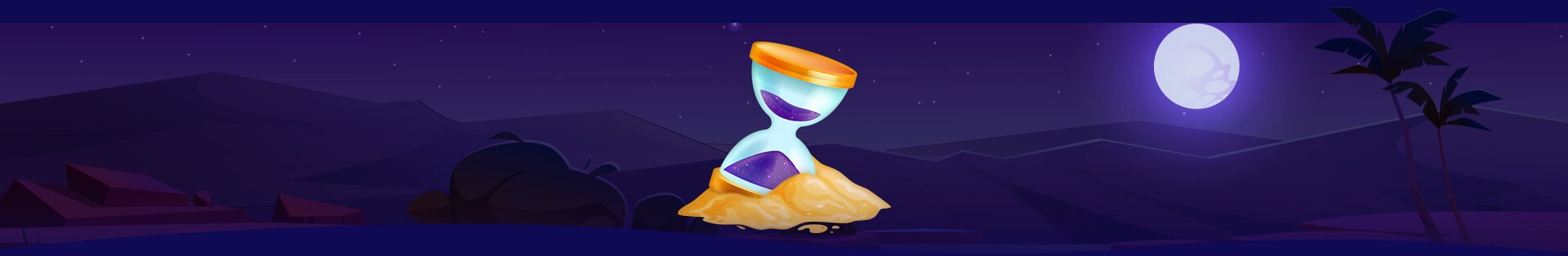 Purple sky, palm trees, sand dunes and an hour glass, all set in the desert, a big white almost full moon shines light to guide people exploring the desert at night