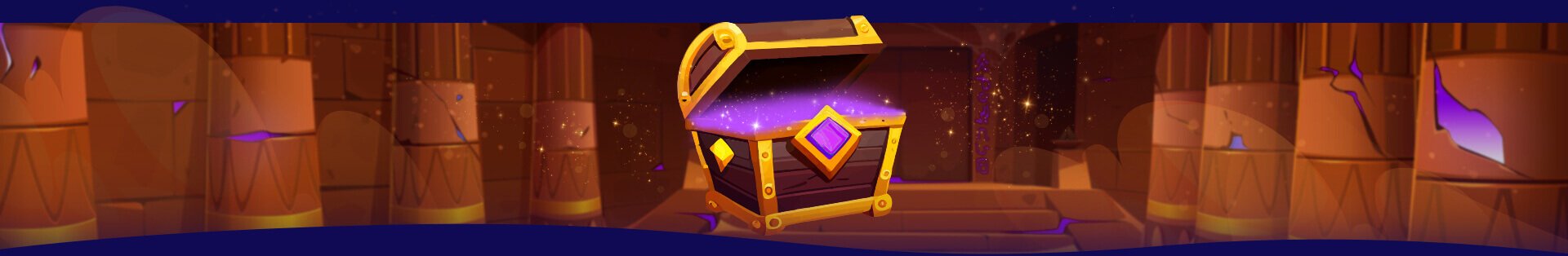 A mystical hallway with purple glowing dunes, a purple treasure box and golden accents