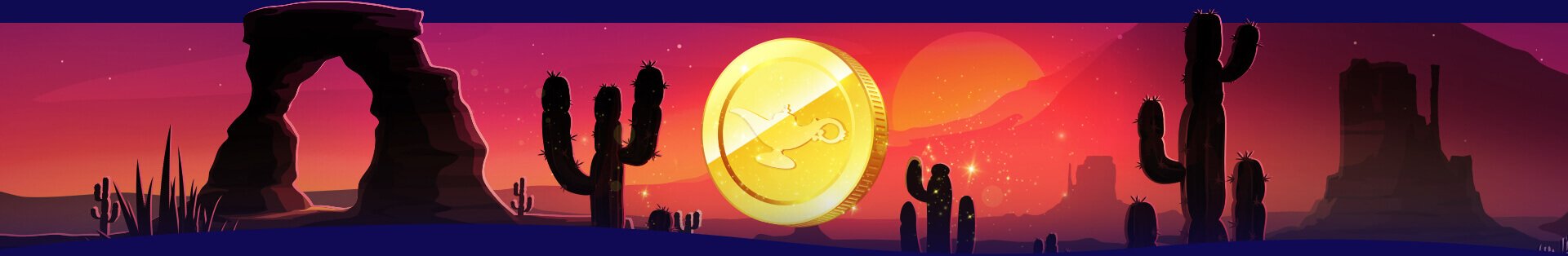A night scene with two treasure piles, a crown, swords, a gold coin and a chest under a starry sky with a silhouette of a palm tree